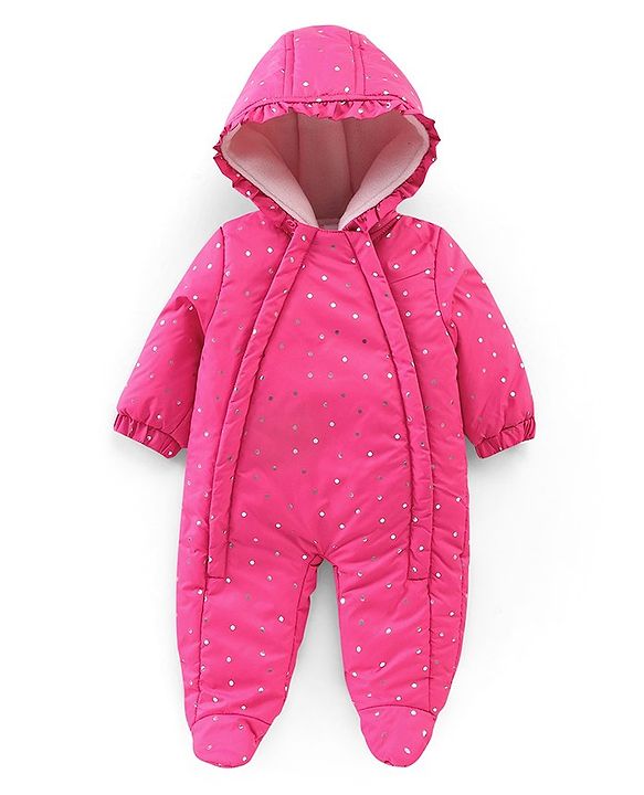Babyhug Full Sleeves Foil Printed Hooded Winter Wear Romper - Fuchsia