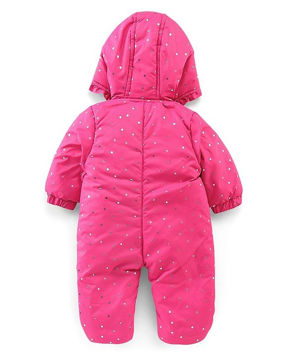 Babyhug Full Sleeves Foil Printed Hooded Winter Wear Romper - Fuchsia