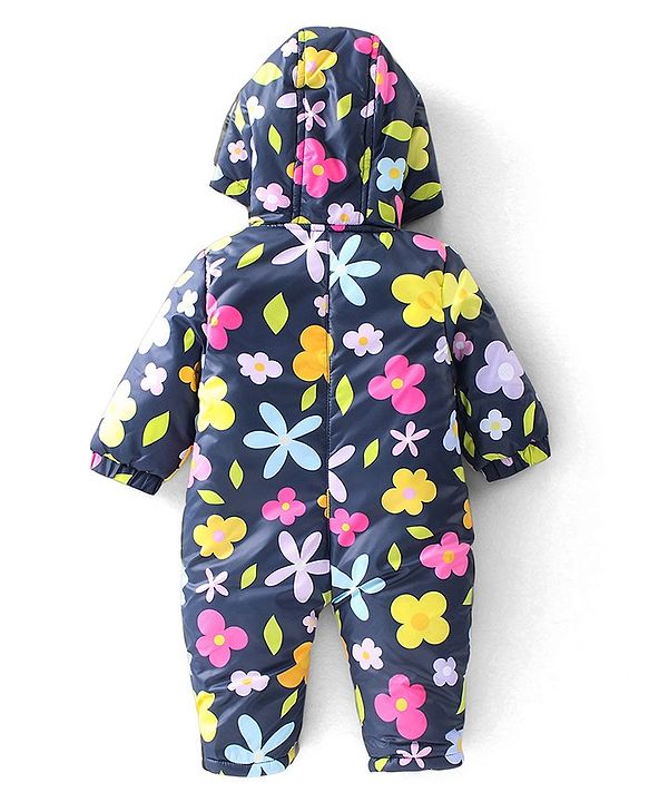 Babyhug Woven Full Sleeves Winter Wear Hooded Romper with Floral Print - Navy Blue