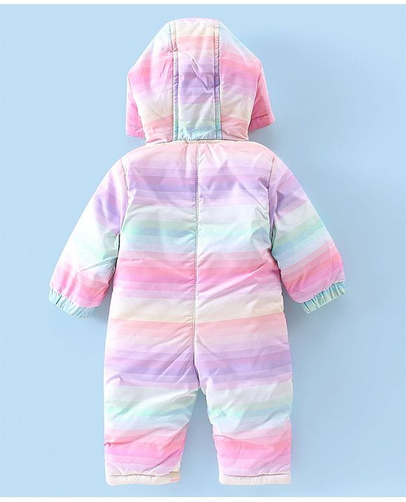 Babyhug Woven Full Sleeves Striped Winter Wear Hooded Romper - Multicolour