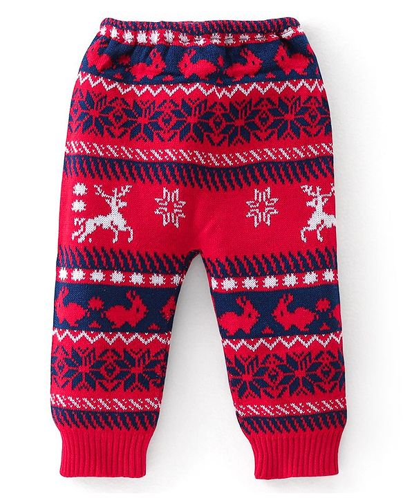 Babyhug Full Length Fleece and Woollen Pant with Reindeer Design - Red & Navy Blue
