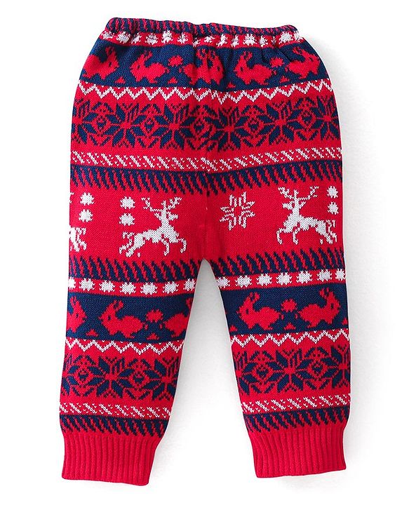 Babyhug Full Length Fleece and Woollen Pant with Reindeer Design - Red & Navy Blue