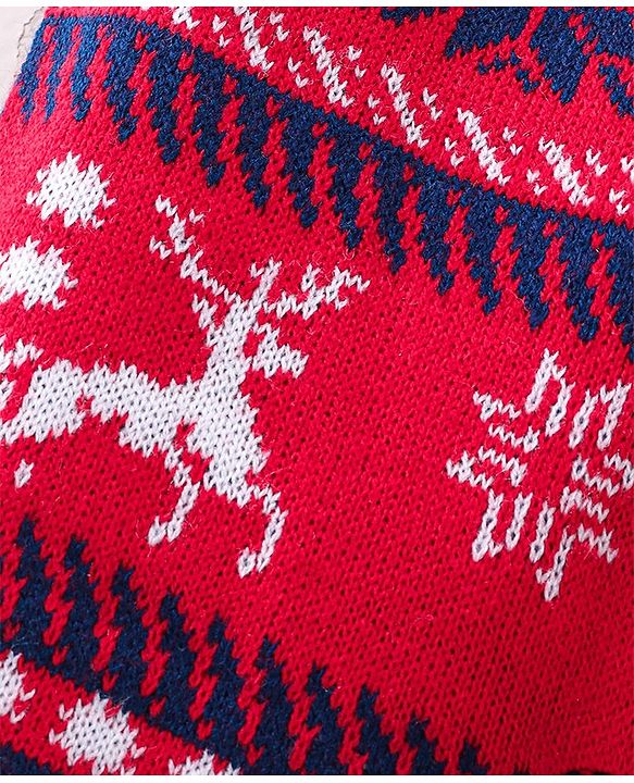 Babyhug Full Length Fleece and Woollen Pant with Reindeer Design - Red & Navy Blue