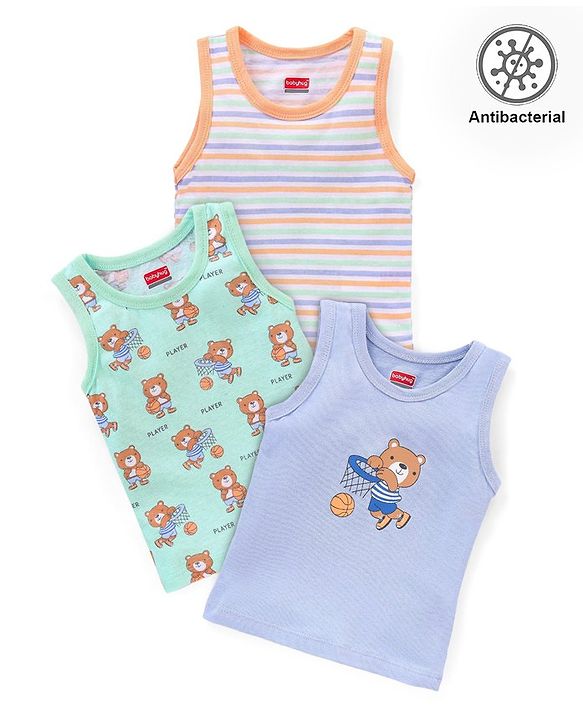 Babyhug 100% Cotton Antibacterial Vests Teddy Print Pack Of 3 - Green & Purple