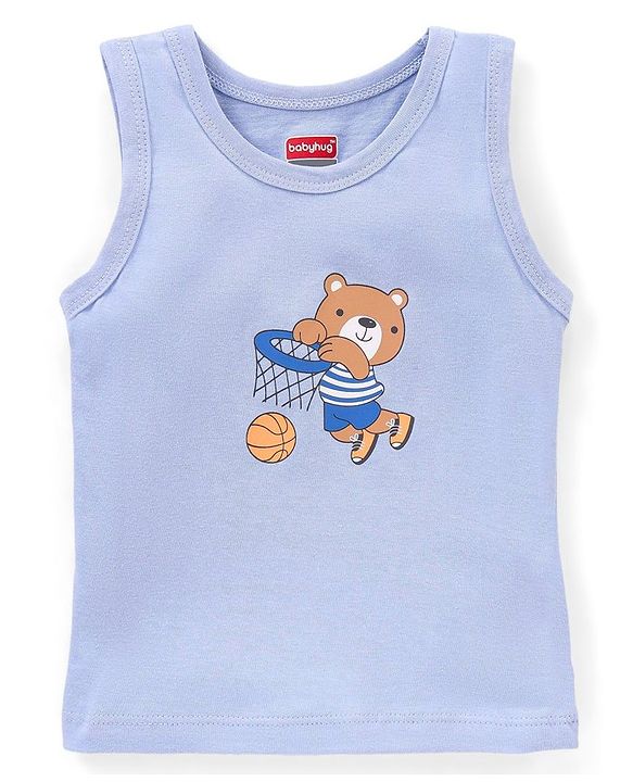 Babyhug 100% Cotton Antibacterial Vests Teddy Print Pack Of 3 - Green & Purple