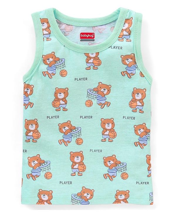 Babyhug 100% Cotton Antibacterial Vests Teddy Print Pack Of 3 - Green & Purple