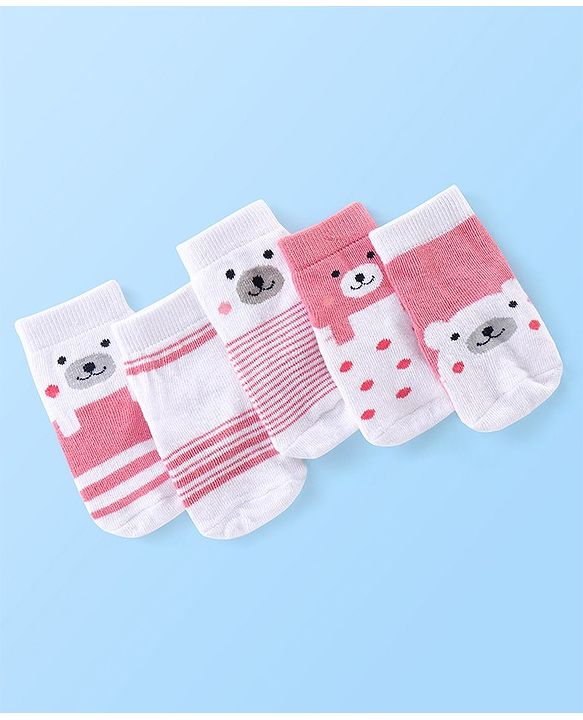 Cute Walk by Babyhug Anti Bacterial Ankle Length Teddy Design Socks Pack of 5 - Pink & White