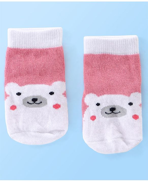 Cute Walk by Babyhug Anti Bacterial Ankle Length Teddy Design Socks Pack of 5 - Pink & White