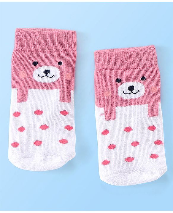 Cute Walk by Babyhug Anti Bacterial Ankle Length Teddy Design Socks Pack of 5 - Pink & White