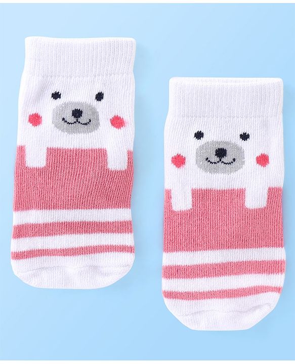 Cute Walk by Babyhug Anti Bacterial Ankle Length Teddy Design Socks Pack of 5 - Pink & White