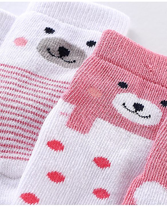 Cute Walk by Babyhug Anti Bacterial Ankle Length Teddy Design Socks Pack of 5 - Pink & White