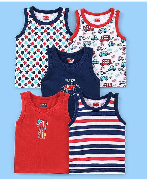 Babyhug 100% Cotton Antibacterial Sleeveless Sando Vests Stripes & Car Print Pack of 5- Blue Red & White