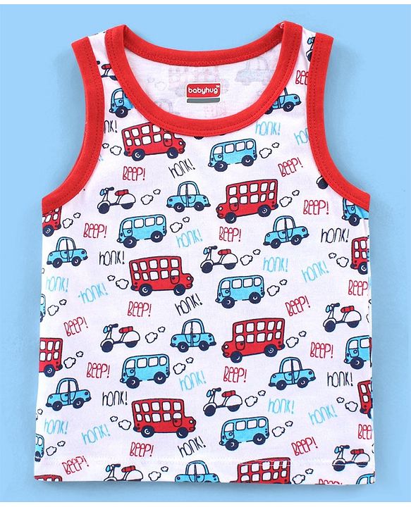 Babyhug 100% Cotton Antibacterial Sleeveless Sando Vests Stripes & Car Print Pack of 5- Blue Red & White