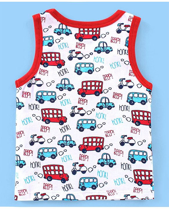 Babyhug 100% Cotton Antibacterial Sleeveless Sando Vests Stripes & Car Print Pack of 5- Blue Red & White