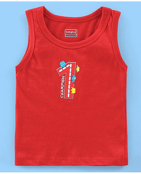 Babyhug 100% Cotton Antibacterial Sleeveless Sando Vests Stripes & Car Print Pack of 5- Blue Red & White