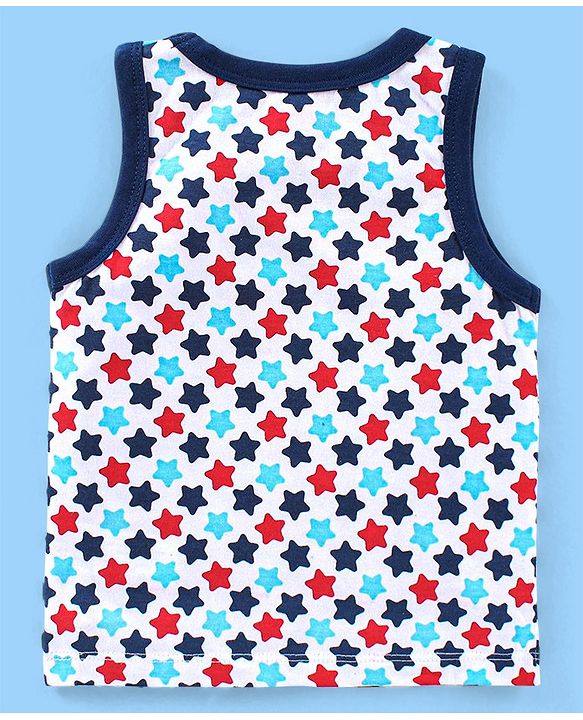 Babyhug 100% Cotton Antibacterial Sleeveless Sando Vests Stripes & Car Print Pack of 5- Blue Red & White