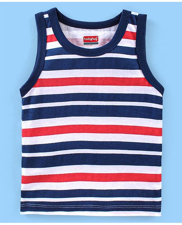 Babyhug 100% Cotton Antibacterial Sleeveless Sando Vests Stripes & Car Print Pack of 5- Blue Red & White