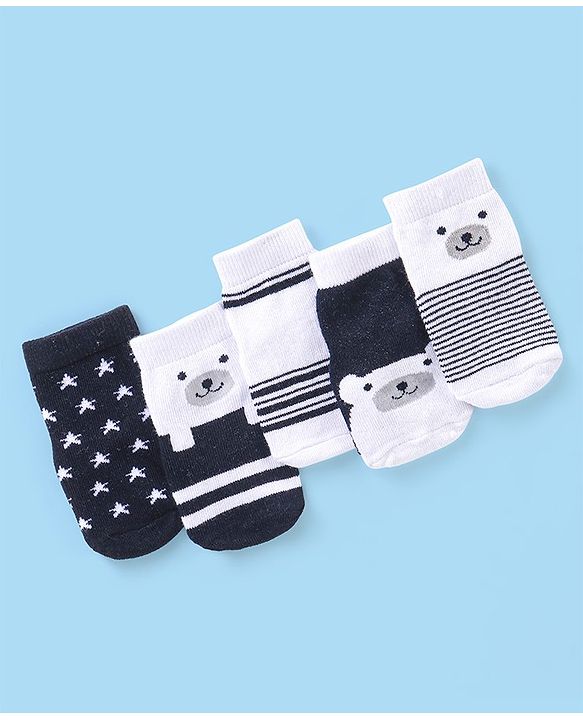 Cutewalk By Babyhug Anti Bacterial Ankle Length Socks Pack Of 5 Bear Print - Navy Blue & White