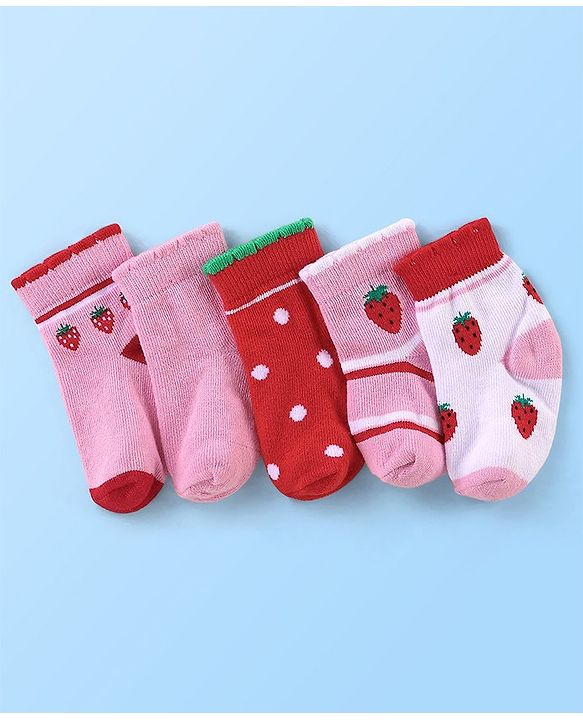 Cute Walk By Babyhug Anti Bacterial Non Terry Ankle Length Strawberry Print Socks Pack Of 5 - Pink & Red