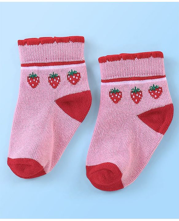 Cute Walk By Babyhug Anti Bacterial Non Terry Ankle Length Strawberry Print Socks Pack Of 5 - Pink & Red