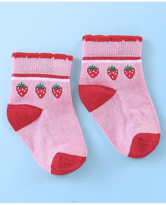 Cute Walk By Babyhug Anti Bacterial Non Terry Ankle Length Strawberry Print Socks Pack Of 5 - Pink & Red