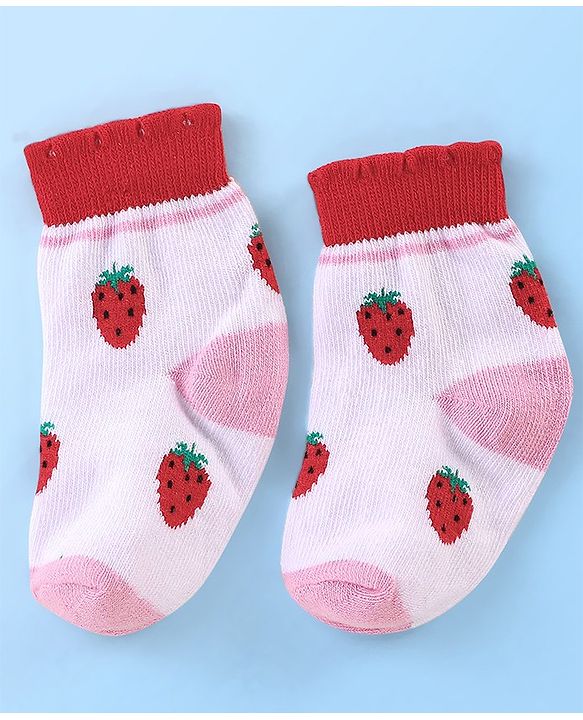 Cute Walk By Babyhug Anti Bacterial Non Terry Ankle Length Strawberry Print Socks Pack Of 5 - Pink & Red