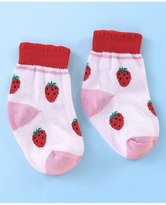Cute Walk By Babyhug Anti Bacterial Non Terry Ankle Length Strawberry Print Socks Pack Of 5 - Pink & Red