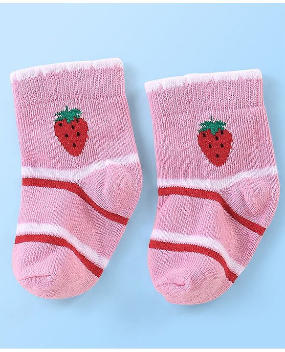 Cute Walk By Babyhug Anti Bacterial Non Terry Ankle Length Strawberry Print Socks Pack Of 5 - Pink & Red