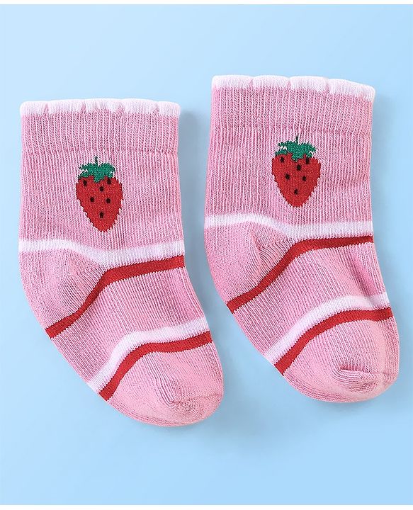 Cute Walk By Babyhug Anti Bacterial Non Terry Ankle Length Strawberry Print Socks Pack Of 5 - Pink & Red