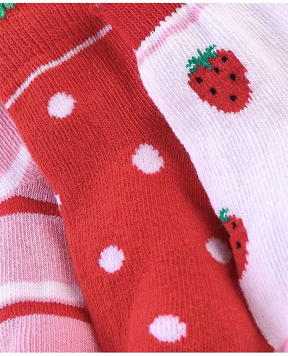 Cute Walk By Babyhug Anti Bacterial Non Terry Ankle Length Strawberry Print Socks Pack Of 5 - Pink & Red