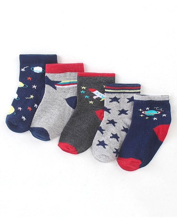 Cute Walk by Babyhug Cotton Blend Ankle Length Anti Bacterial Socks Space Design Pack of 5 - Blue & Grey