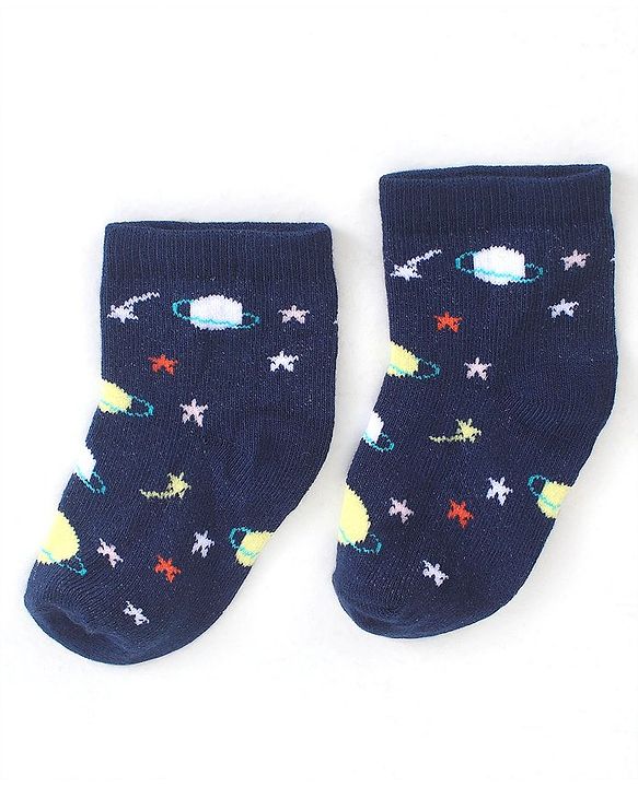 Cute Walk by Babyhug Cotton Blend Ankle Length Anti Bacterial Socks Space Design Pack of 5 - Blue & Grey