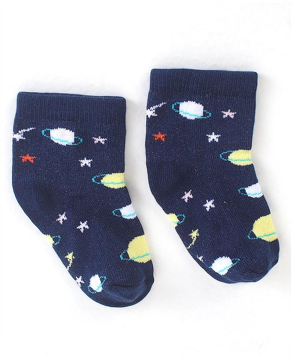 Cute Walk by Babyhug Cotton Blend Ankle Length Anti Bacterial Socks Space Design Pack of 5 - Blue & Grey