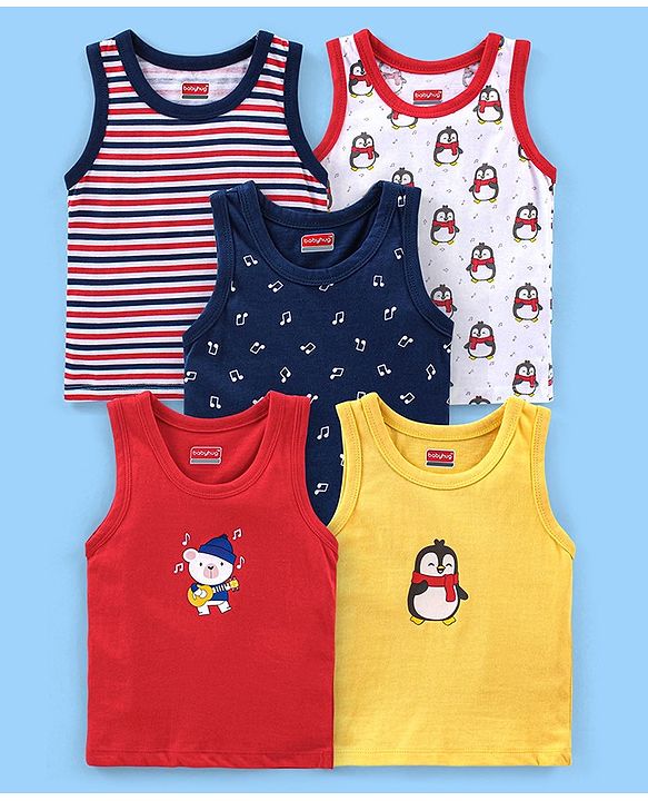 Babyhug 100% Cotton Antibacterial Sleeveless Sando Vests Stripes & Penguin Print Pack of 5- Blue Red & Yellow