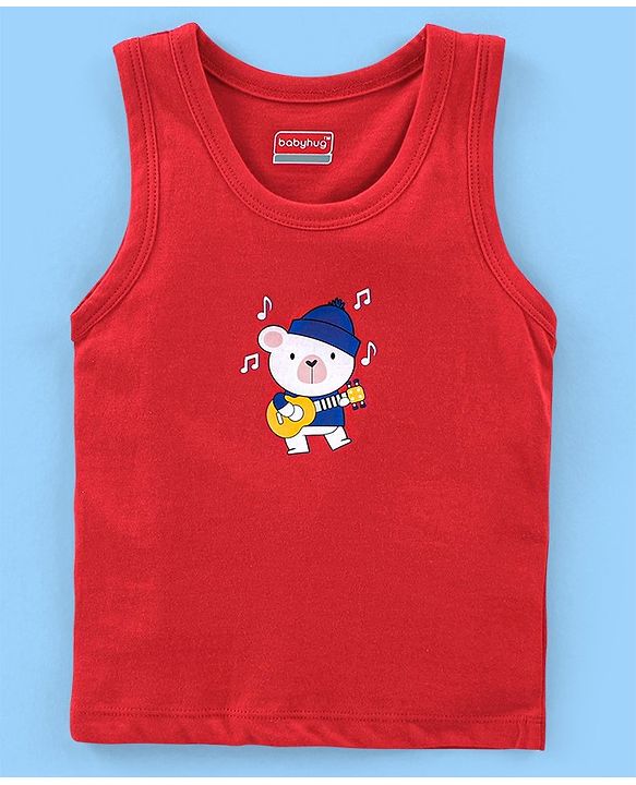 Babyhug 100% Cotton Antibacterial Sleeveless Sando Vests Stripes & Penguin Print Pack of 5- Blue Red & Yellow