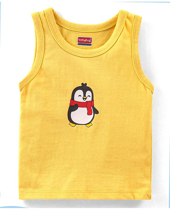 Babyhug 100% Cotton Antibacterial Sleeveless Sando Vests Stripes & Penguin Print Pack of 5- Blue Red & Yellow