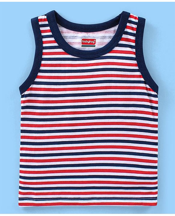 Babyhug 100% Cotton Antibacterial Sleeveless Sando Vests Stripes & Penguin Print Pack of 5- Blue Red & Yellow