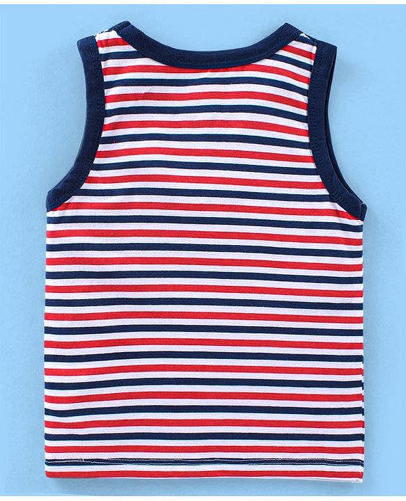 Babyhug 100% Cotton Antibacterial Sleeveless Sando Vests Stripes & Penguin Print Pack of 5- Blue Red & Yellow