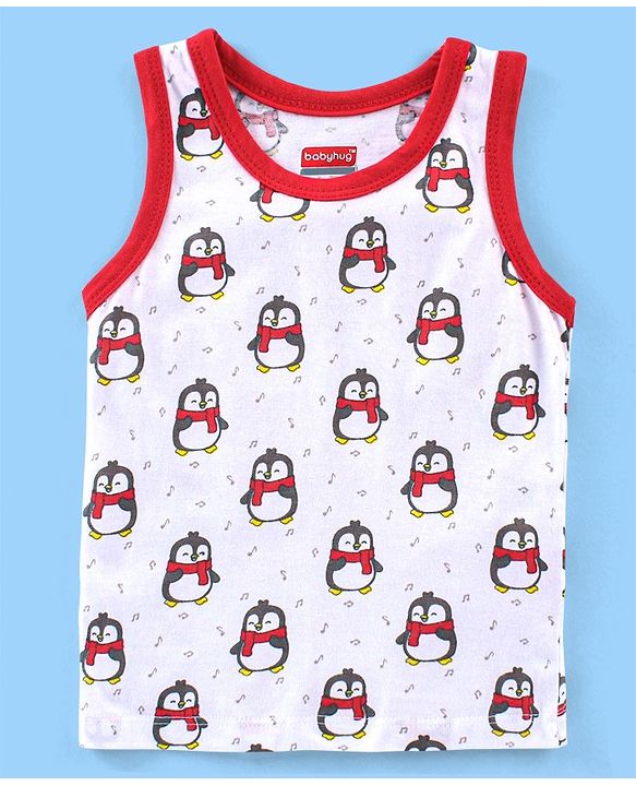 Babyhug 100% Cotton Antibacterial Sleeveless Sando Vests Stripes & Penguin Print Pack of 5- Blue Red & Yellow
