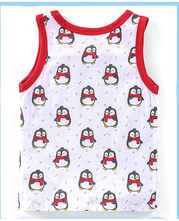 Babyhug 100% Cotton Antibacterial Sleeveless Sando Vests Stripes & Penguin Print Pack of 5- Blue Red & Yellow