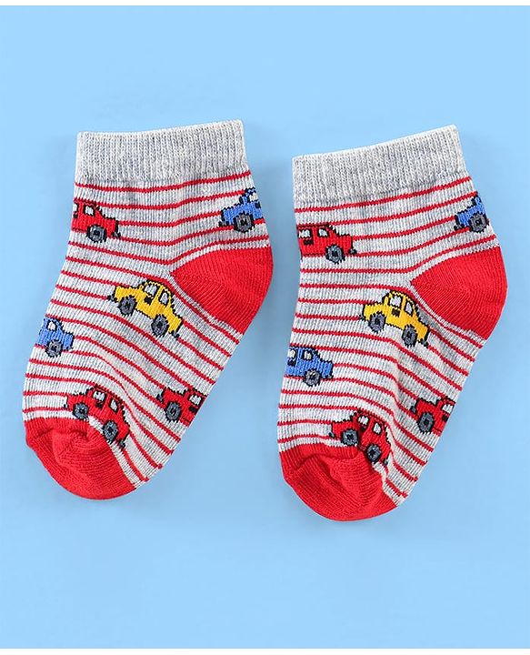 Cute Walk By Babyhug Cotton Anti Bacterial Ankle Length Socks Car & Rocket Design Pack Of 3- Lavender Pink & Blue