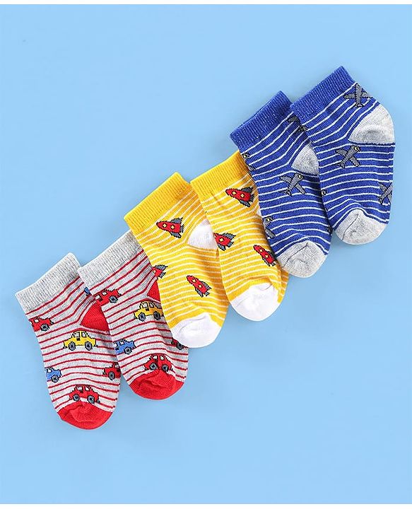 Cute Walk By Babyhug Cotton Anti Bacterial Ankle Length Socks Car & Rocket Design Pack Of 3- Lavender Pink & Blue