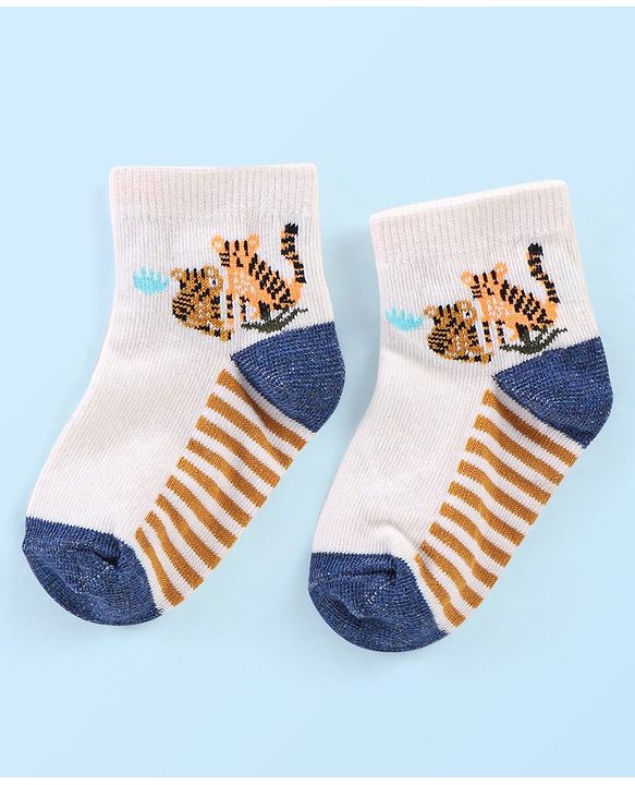 Cute Walk by Babyhug Anti Bacterial Ankle Length Socks Tiger Design Pack Of 3 - Blue White & Yellow