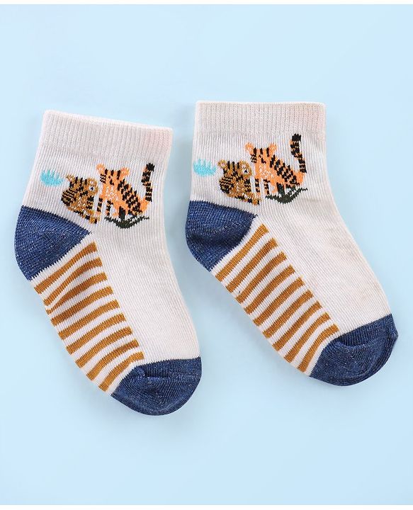 Cute Walk by Babyhug Anti Bacterial Ankle Length Socks Tiger Design Pack Of 3 - Blue White & Yellow