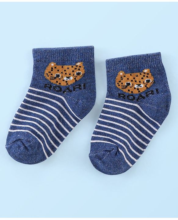 Cute Walk by Babyhug Anti Bacterial Ankle Length Socks Tiger Design Pack Of 3 - Blue White & Yellow