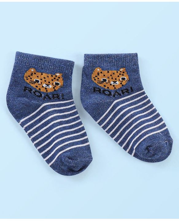 Cute Walk by Babyhug Anti Bacterial Ankle Length Socks Tiger Design Pack Of 3 - Blue White & Yellow