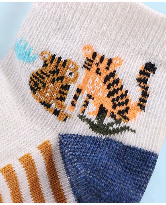 Cute Walk by Babyhug Anti Bacterial Ankle Length Socks Tiger Design Pack Of 3 - Blue White & Yellow