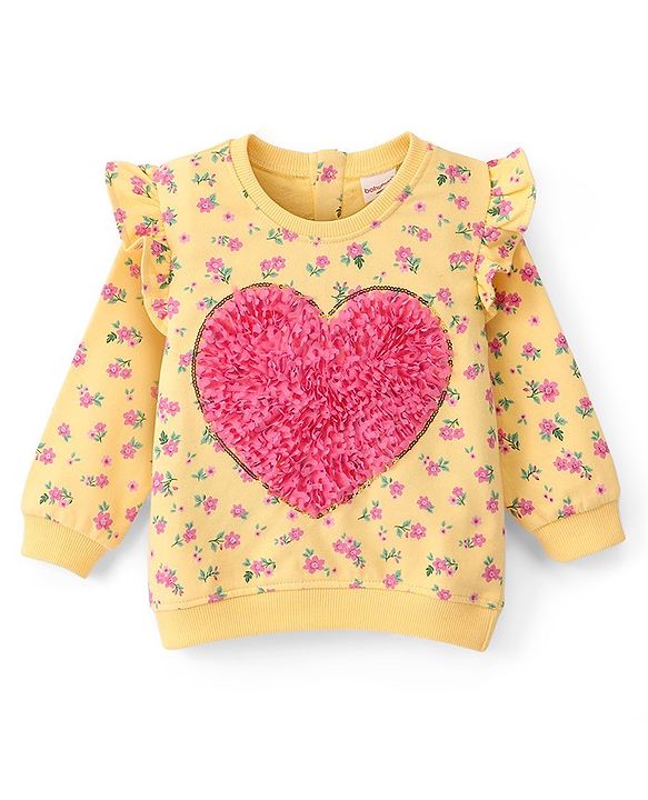 Babyhug Cotton Full Sleeves Floral Printed Sweatshirt With Petal Embroidery & Frill Detailing- Yellow