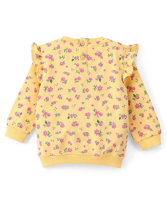 Babyhug Cotton Full Sleeves Floral Printed Sweatshirt With Petal Embroidery & Frill Detailing- Yellow