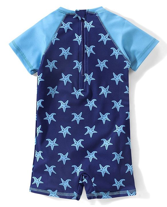 Babyhug Raglan Half Sleeves Star Fish Printed Thigh Legged Swimsuit - Navy Blue